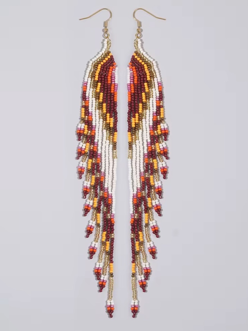 Beaded Fringe Drop Earrings - Red, Gold & White